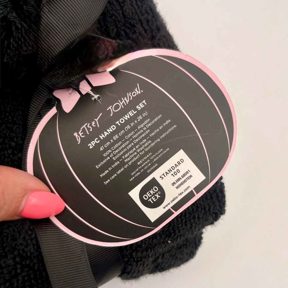 Betsey Johnson Halloween Pumpkin Cherry Hand Towel Set 2PC Black Pink Cotton NEW